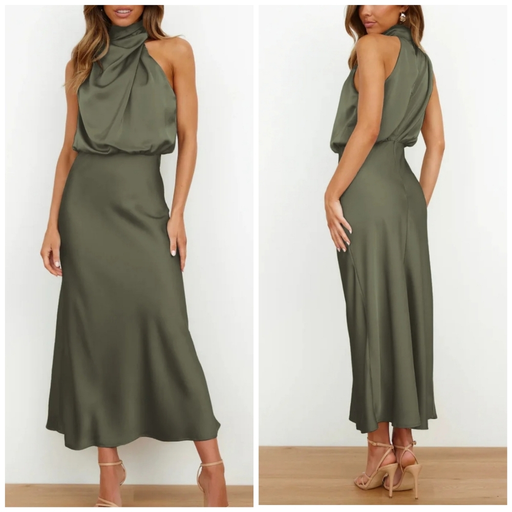 NEW Chic Draped Wrap Halter Neck Satin Midi Dress Olive Green